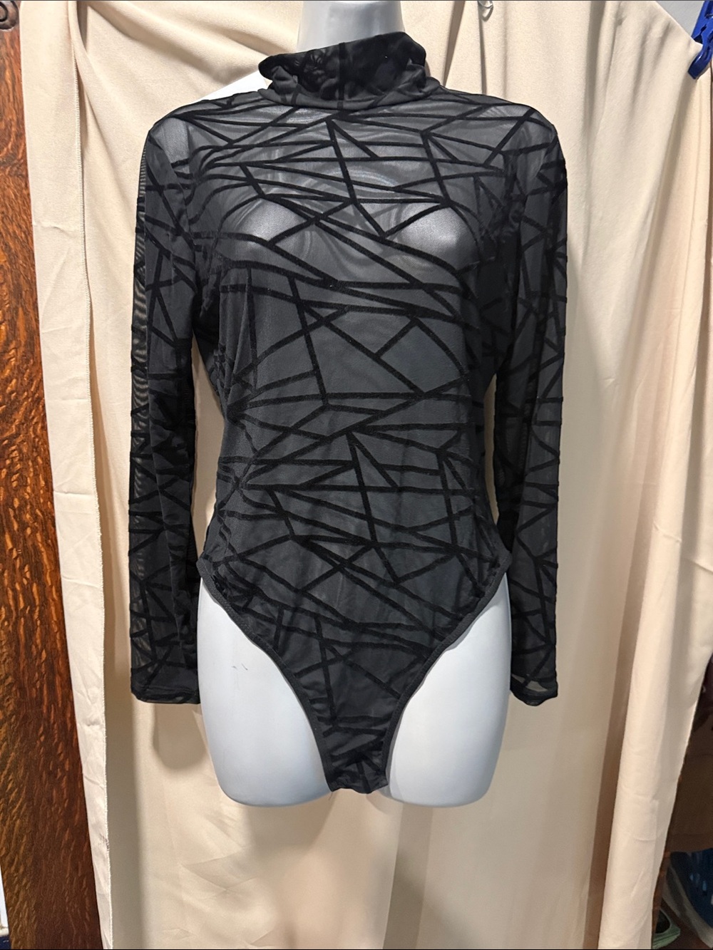 Black Sheer Geometric Mesh Long-Sleeve Bodysuit